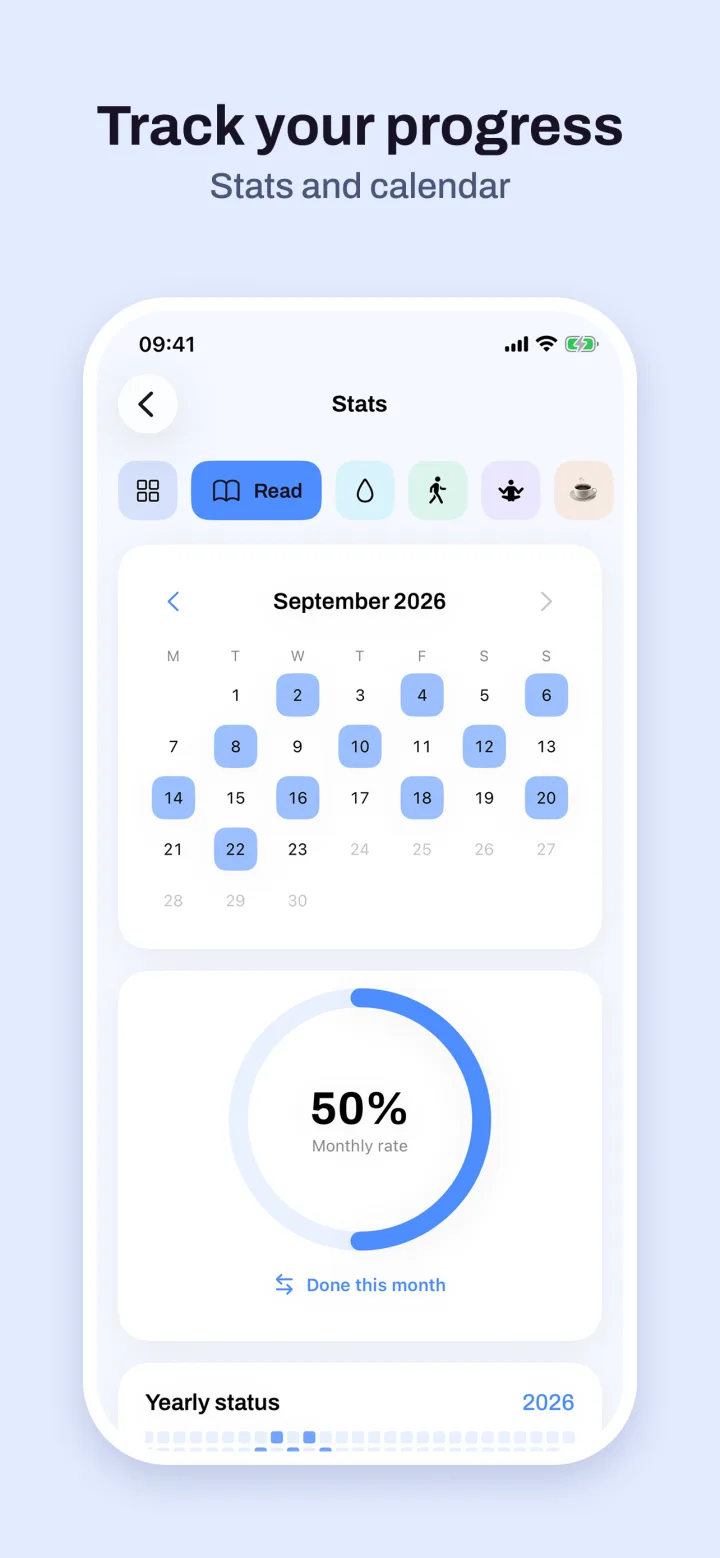Track your progress — stats and calendar