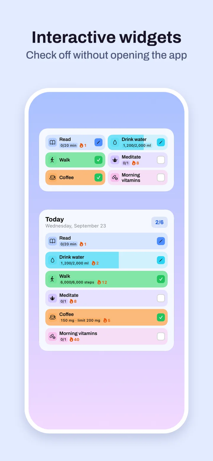 Interactive widgets — check off without opening the app