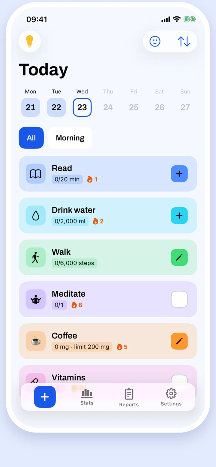 The Today screen of Skills with habits for reading, water, walking and meditation